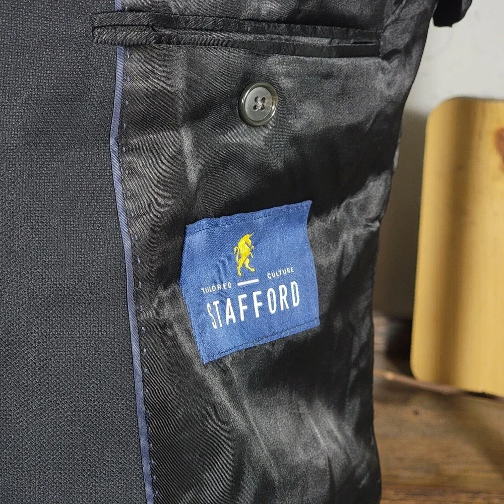 Stafford Men's Hopsack Blazer Two‎ Silver Button Black Wool Blend Classic 42L